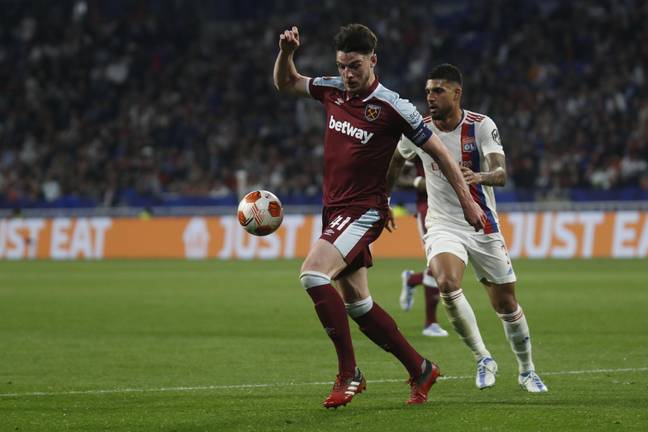 Declan Rice on the ball for West Ham against Lyon. (Alamy)