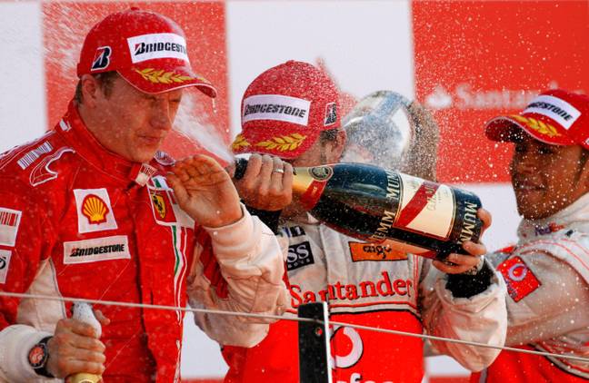 Raikkonen, Alonso and Hamilton on the podium together. Image: Alamy