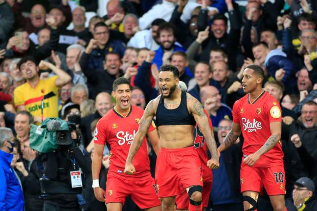Watford celebrate going 4-2 up vs Everton. Image: PA Images