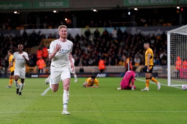 De Bruyne celebrates his fourth goal against Wolves. Image: PA Images