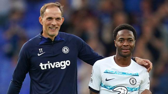 Chelsea manager Thomas Tuchel greets Chelsea's Raheem Sterling following the Premier League match at Goodison Park, Liverpool. (Alamy)