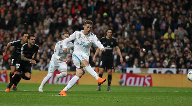 Ronaldo strikes his penalty against PSG. Image: PA Images