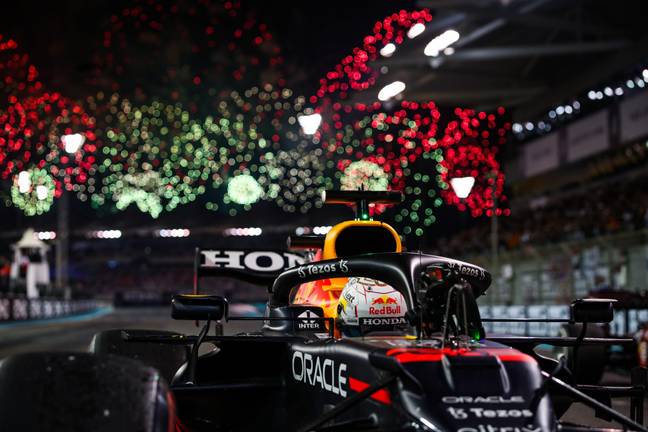 Fireworks go off as Verstappen crosses the line in Abu Dhabi to become world champion. Image: PA Images