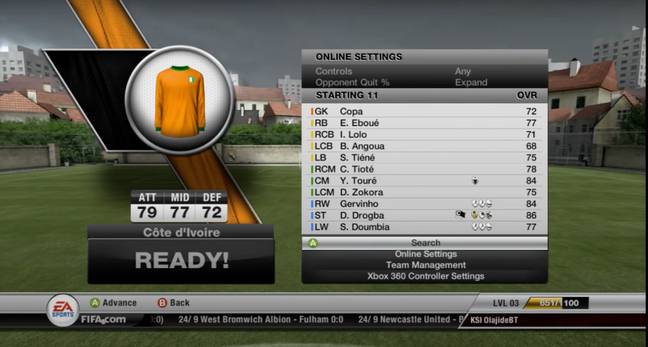 Ivory Coast's starting XI on the menu screen of FIFA 12's Head to Head Seasons. Credit: KSI/YouTube