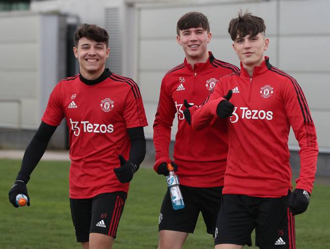 Alejandro Garnacho in Manchester United training with Charlie McNeill and Marc Jurado | Credit: Manchester United