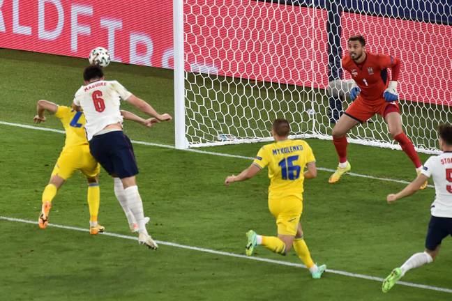 Harry Maguire scores for England against Ukraine in the EURO 2020 quarter-finals | Credit: Alamy