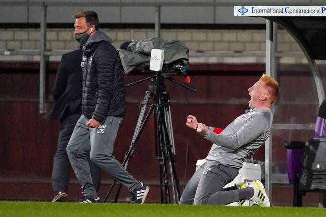 Still celebrates Beerschot converting a late penalty during their Jupiler Pro League match against Charleroi. Image credit: Alamy