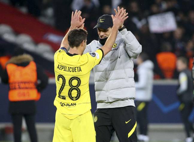 Coach of Chelsea Thomas Tuchel celebrate the victory and the qualification with Cesar Azpilicueta (left) following the UEFA Champions League match against LOSC Lille. (Alamy)
