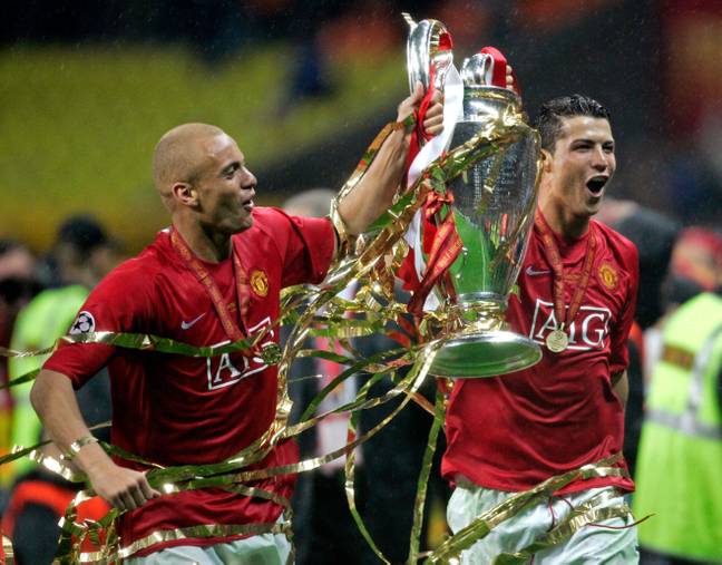 Cristiano Ronaldo and Wes Brown celebrate winning the 2008 Champions League final. (Alamy)