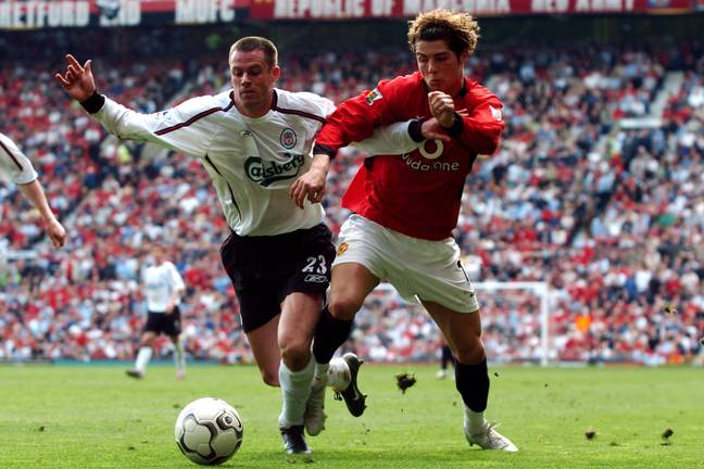 Carragher in action during the 2003-04 season against Ronaldo. 