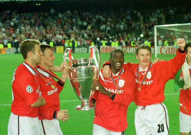 Manchester United players celebrate winning the 1999 Champions League final. (Alamy)