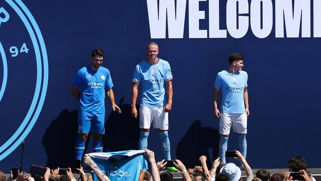 Erling Haaland, Stefan Ortega, and Julian Alvarez meet Manchester City fans. Sportimage / Alamy