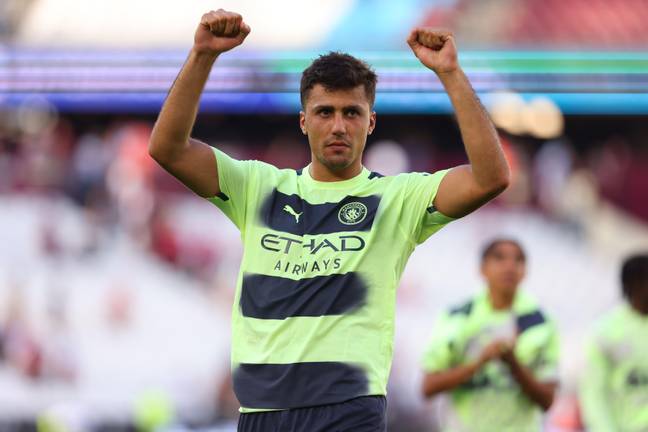 Rodri applauds the travelling Manchester City fans at West Ham. (Action Plus Sports Images / Alamy)