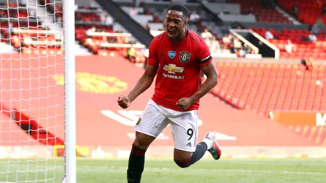 Anthony Martial celebrates scoring a hat-trick against Sheffield United in the Premier League