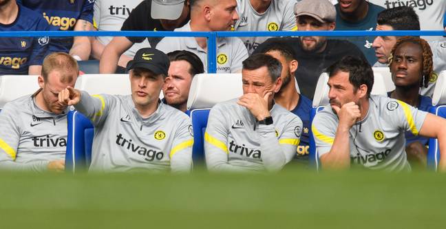 Chelsea Manager Thomas Tuchel and coaching staff during the Premier League match at Stamford Bridge. (Alamy)