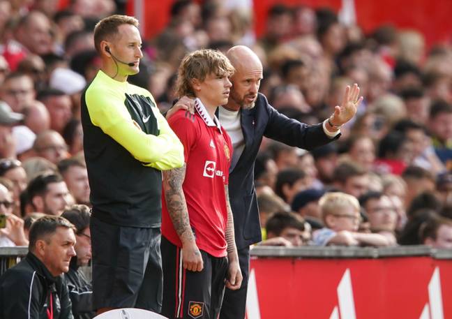 Ten Hag giving instructions to a substitute during the game with Rayo, his first match in charge at Old Trafford. Image: Alamy