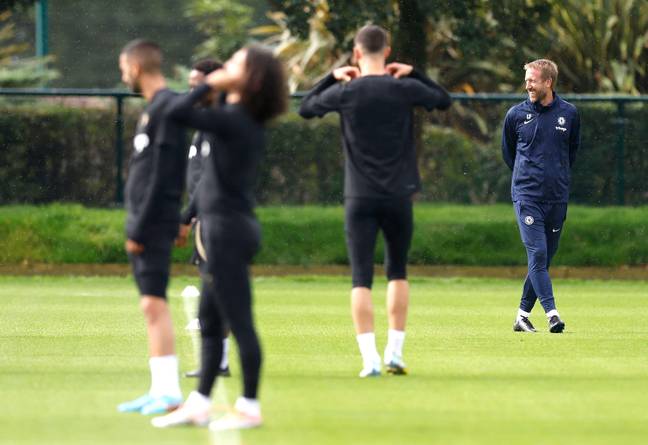 Chelsea manager Graham Potter (right) during a training session at Cobham Training Centre, Surrey. (Alamy)