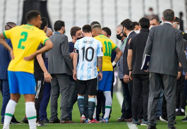PSG teammates Neymar and Messi discuss Sunday's scenes. Image: PA Images