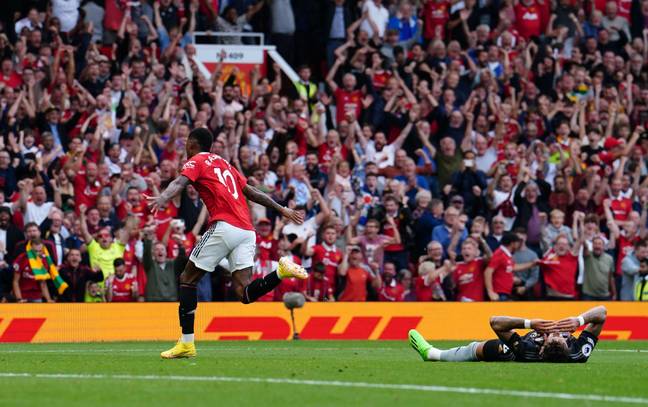 Marcus Rashford celebrating his first goal against Arsenal. (Alamy)