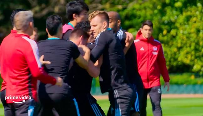 The training ground dust up seems to be between Cedric Soares and Alexandre Lacazette. Image: Amazon Prime Video