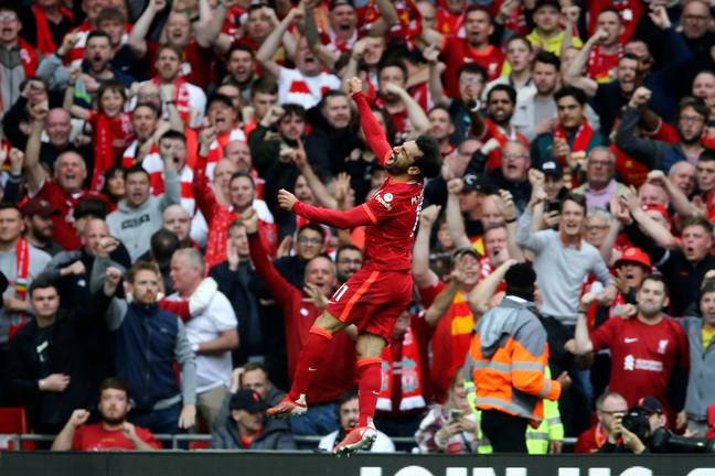 Salah celebrates his goal on Sunday, which in the end had no bearing on the title race. Image: PA Images