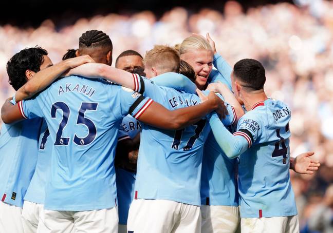 Manchester City players celebrate as they crush United.  Image: Alamy