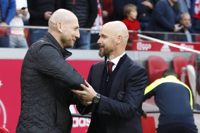Jaap Stam and Erik ten Hag face off as managers when Ajax played Feyenoord in October 2019. (Alamy)