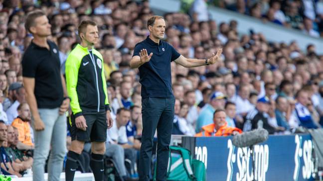 Thomas Tuchel gesturing to players during the first half against Leeds United. (Alamy)