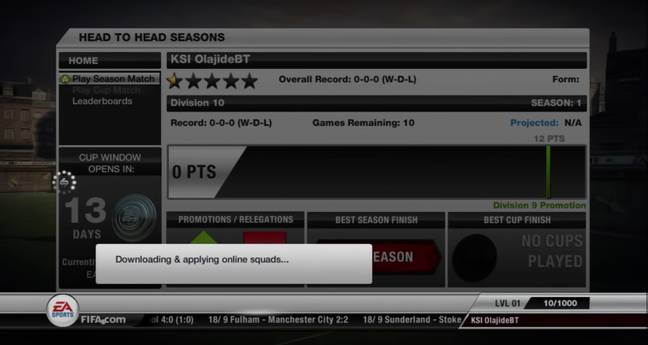 KSI playing Head to Head Seasons in FIFA 12 as part of Race to Division One. Credit: KSI/YouTube