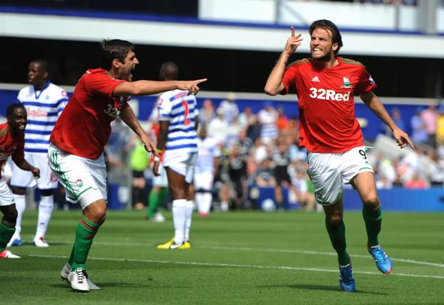 Michu celebrates after scoring against QPR on debut. Image: PA Images