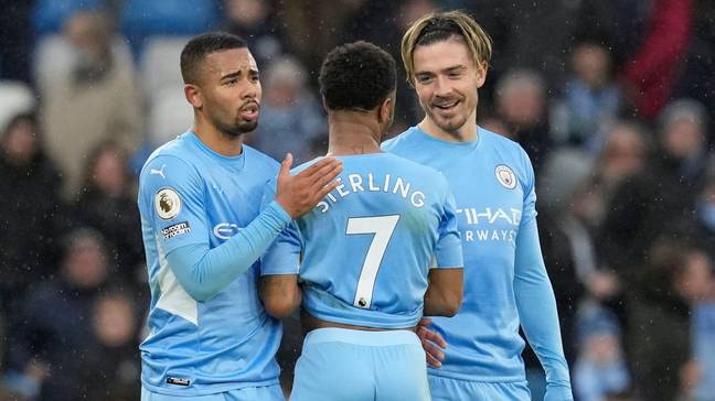 Raheem Sterling of Manchester City is congratulated by Gabriel Jesus and Jack Grealish of Manchester City during the Premier League. (Alamy) match at the Etihad Stadium, Manchester. 