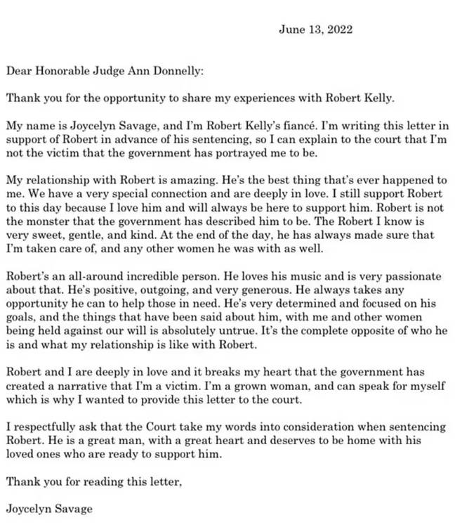 Joycelyn Savage gave this letter to Judge Ann Donnelly before R Kelly was sentenced.  Credit: Twitter