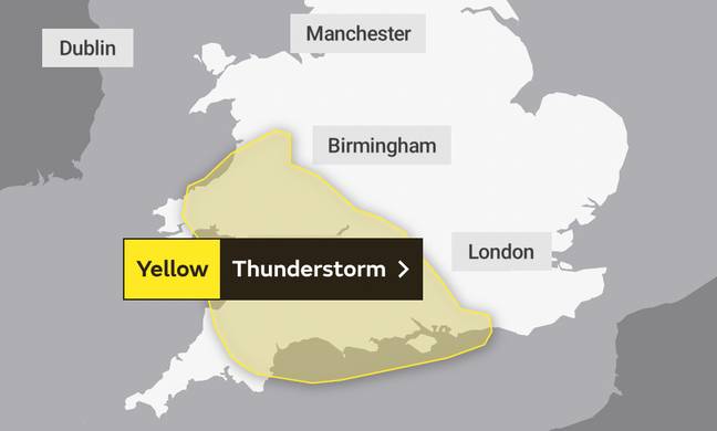 The Met Office has issued a yellow thunderstorm warning for parts of the UK. Credit: Met Office