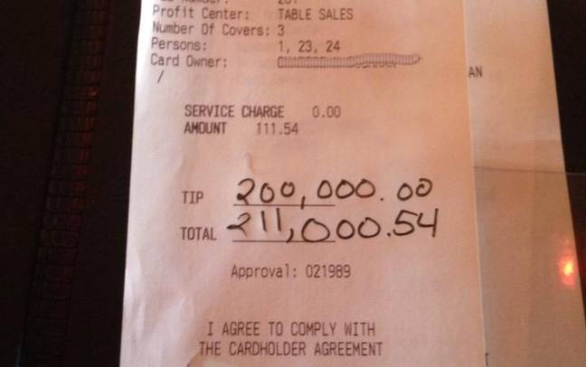 The receipt revealed a mind-blowing tip. Credit: Reddit