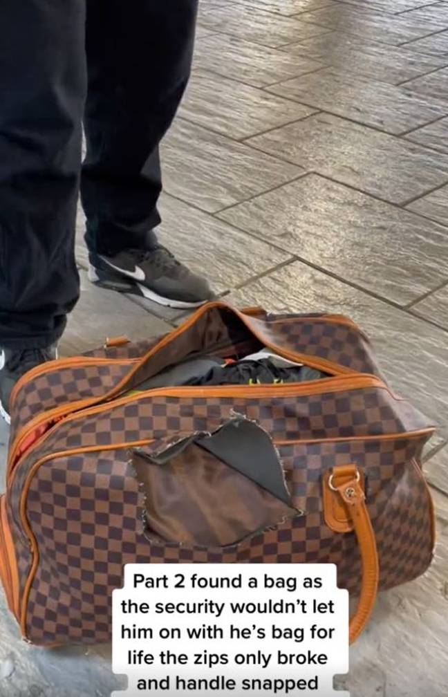 Out of pure desperation, Darren manages to find a torn Louis Vuitton bag in the trash to stick his clothes in.  Credit: Deadline News