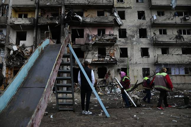 Damage at an apartment complex after a rocket attack in Kharkivskiy District, Kyiv. Credit: Alamy