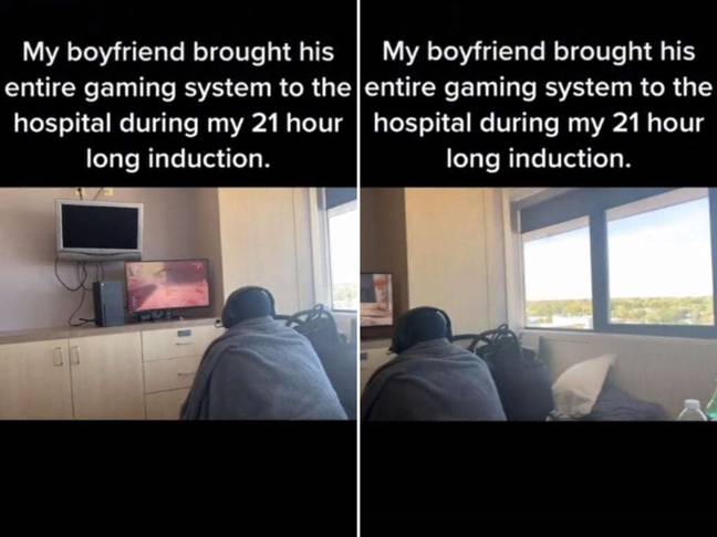 A woman in labour has shared what her partner was up to while she was giving birth. Credit: TikTok/amberscxtt