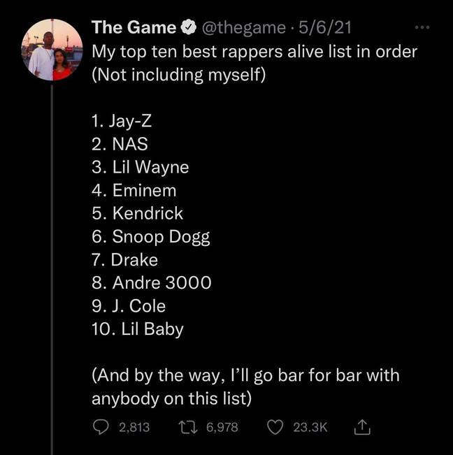 The Game giving Eminem fourth spot. Credit: Twitter