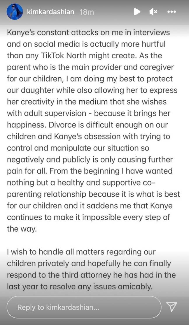 Kim Kardashian has since responded to Kanye West's accusations on the platform (Instagram @kimkardashian). 