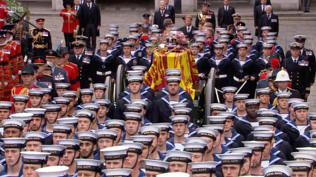 The Queen's coffin on the way to Westminster Abbey. Credit: BBC