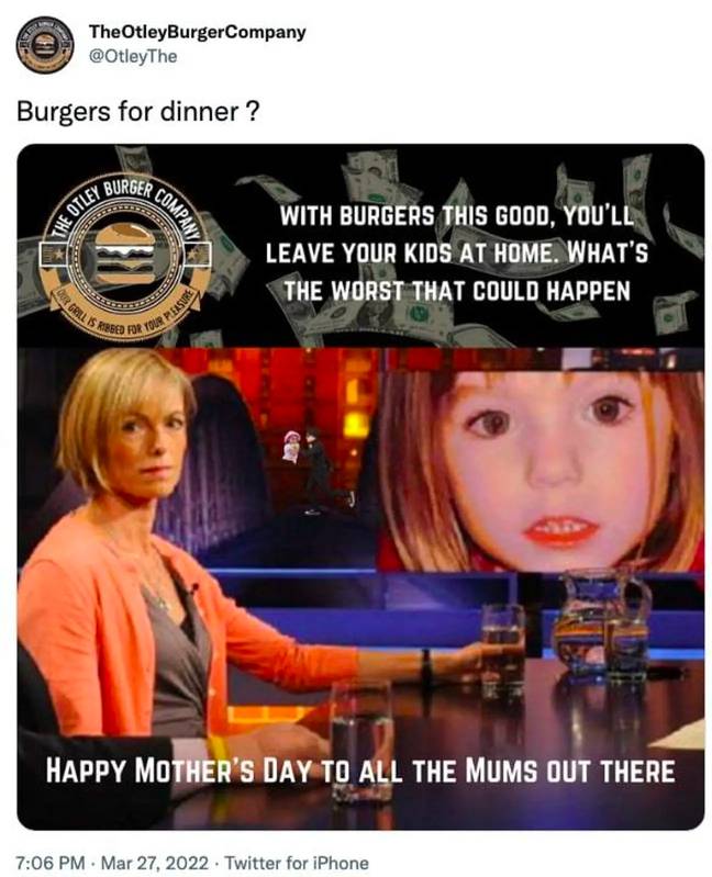 The controversial advert was to released in time for Mothers' Day (Credit: @TheOtleyBurgerCompany)