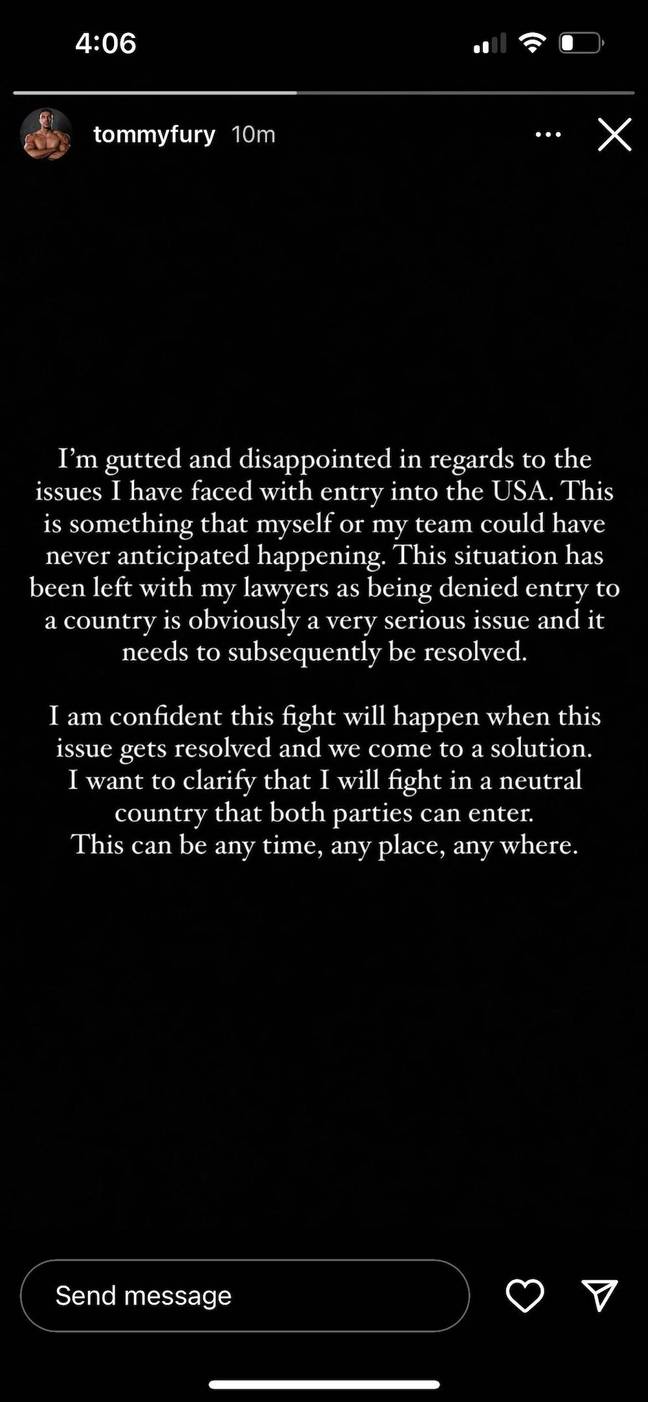 Tommy Fury released a statement on Instagram in response to his cancelled fight with Jake Paul. Credit: Instagram/@tommyfury