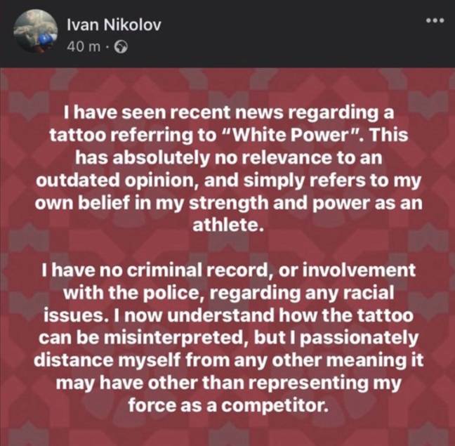 Ivan Nikolov appeared to respond to the backlash about his tattoos. Credit: Facebook