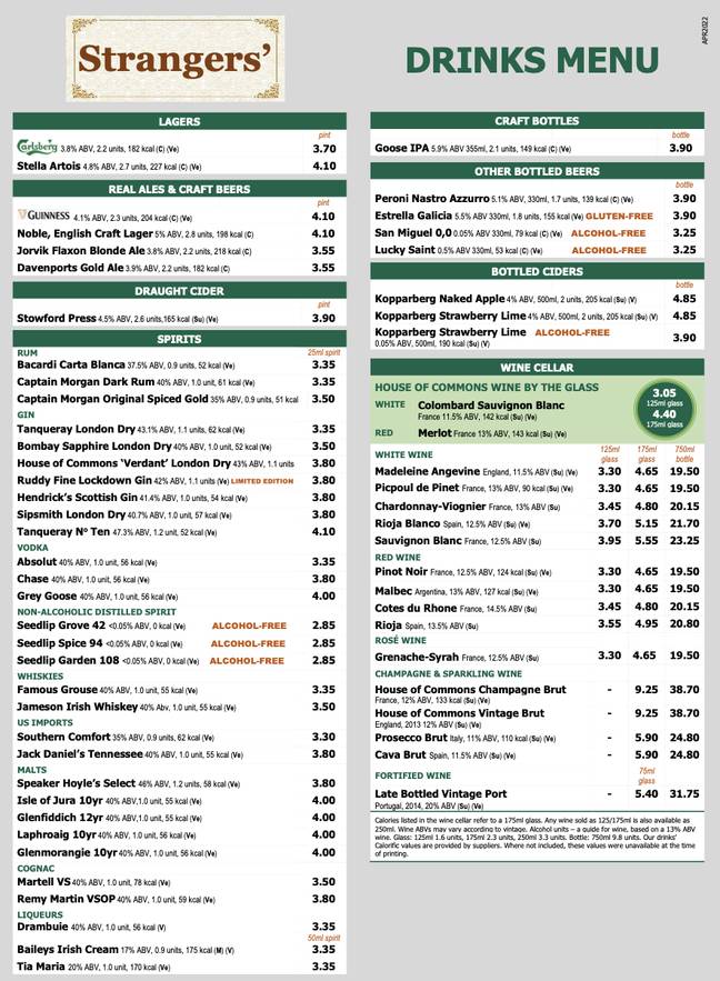Stranger Menu Strangers' Bar Price List Shows How Much MPs Pay For A Pint In Parliament