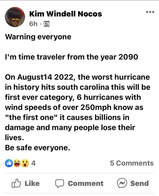 Kim warns that a mega hurricane set to hit the US in just a few days time. Credit: Facebook/Time Travel