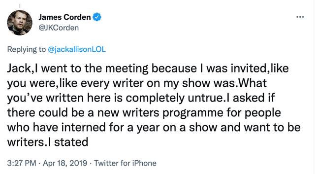 James Corden responds to allegations about Writers Guild meeting. Credit: James Corden/Twitter