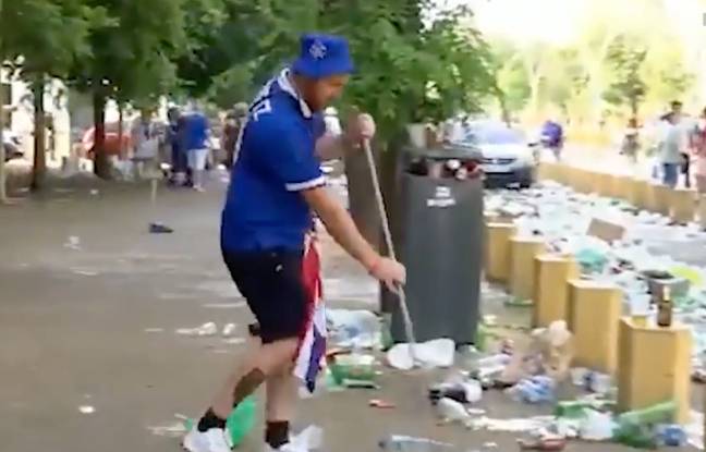 Rangers fans were praised for helping to clean up Seville. Credit: Twitter/@MovistarFutbol