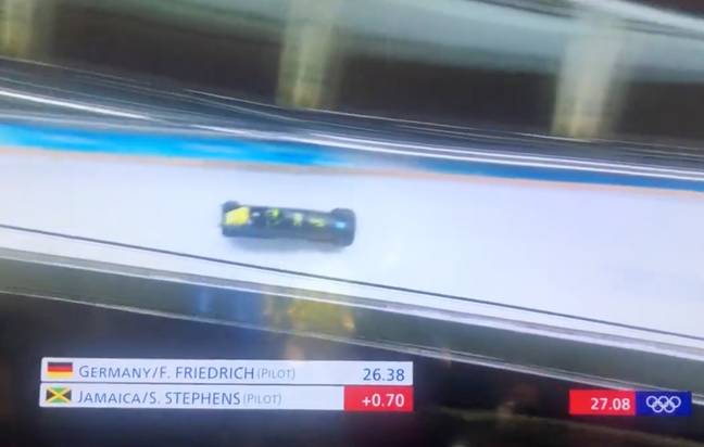 The Jamaican two-man bobsleigh team has been competing in the heats today. Credit: Twitter