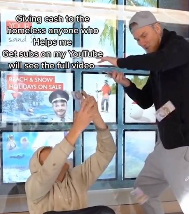 Luke threw $5 notes on two people experiencing homelessness. Credit: @LukeErwin23/YouTube