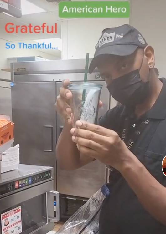 Kevin received Reese's pieces and a Starbucks cup for his service. Credit: @thekeep777/TikTok